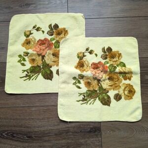 Vtg Cannon Royal Family Yellow Floral Washcloth Set (2) Rose Cotton Cottagecore